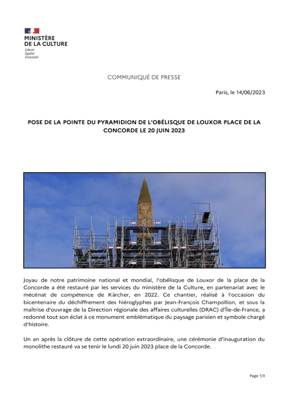 Communique de presse - Pose Pointe Pyramidion - 14 06 2023