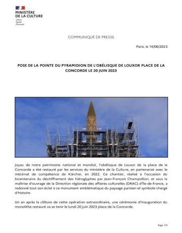 Communique de presse - Pose Pointe Pyramidion - 14 06 2023